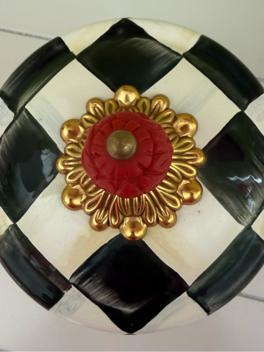 MacKenzie-Childs Black & White Check Lidded Jar with Gold Trim and Red Finial - Picture 2 of 6